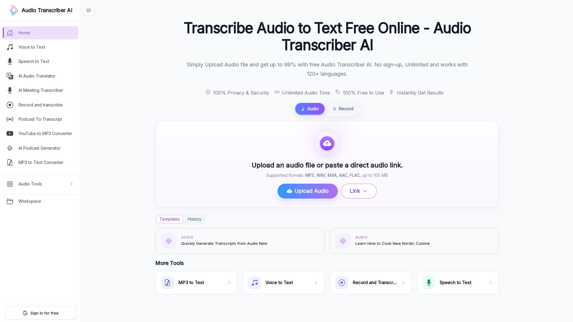 Audio Transcriber AI page