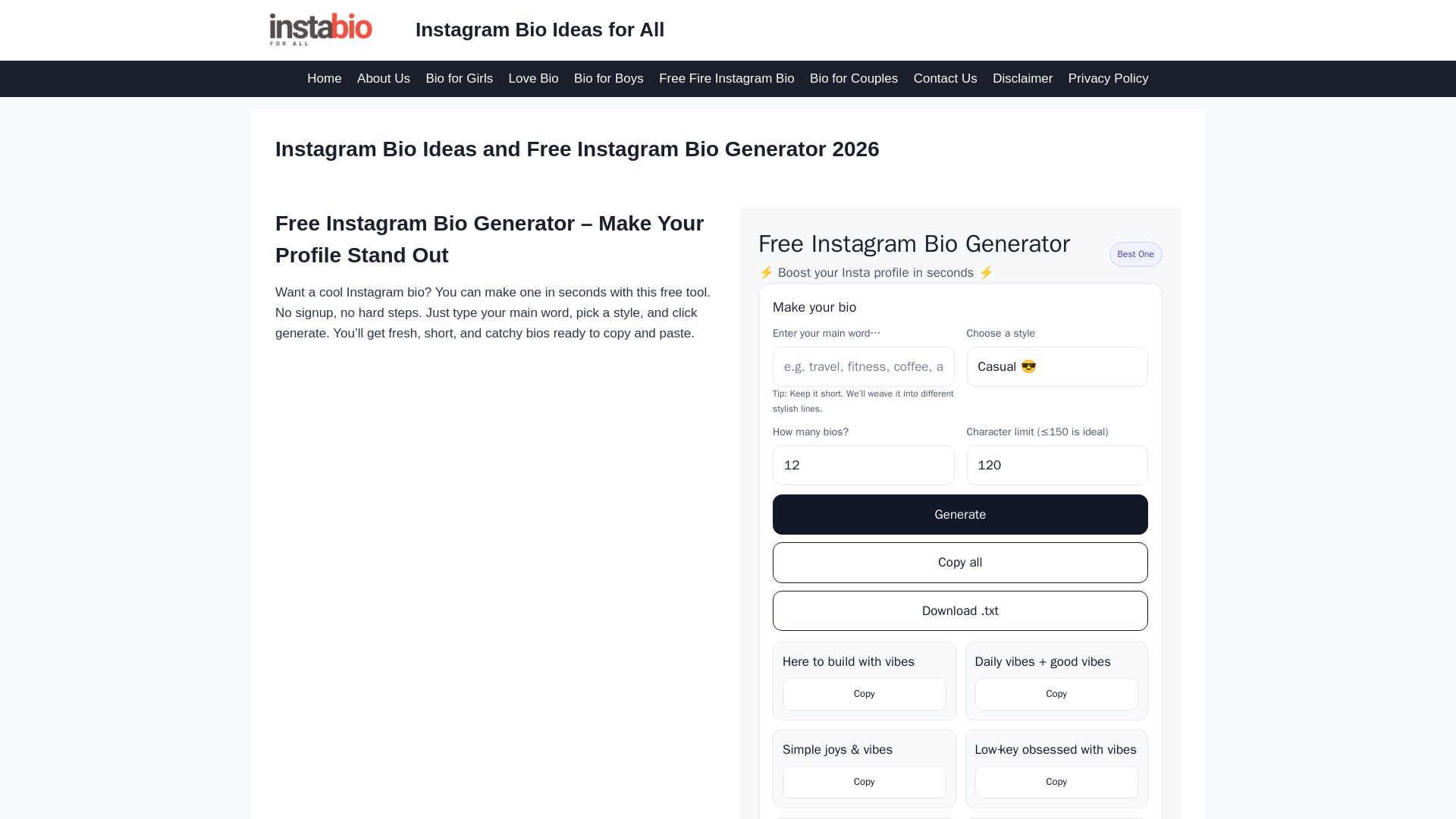 Instagram Bio Generator page